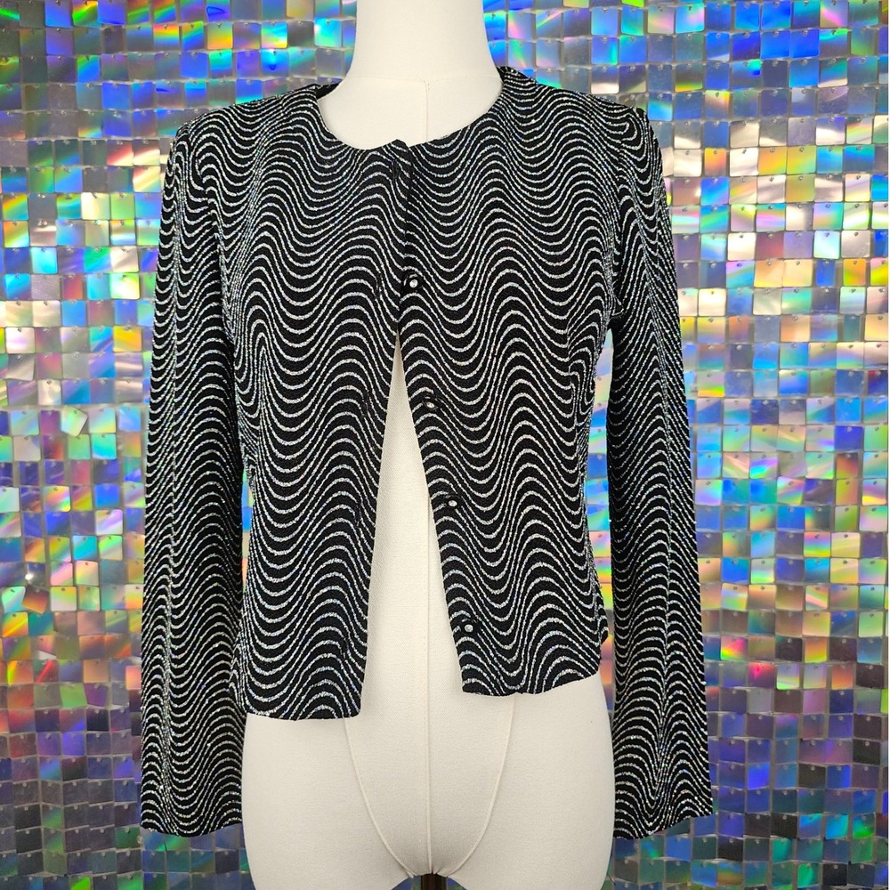Ronni Nicole‎ Vintage Black Silver Wave Sparkle Knit Cropped Cardigan Jacket